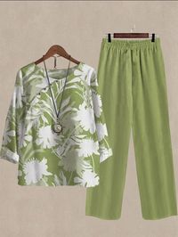 Green Casual Round Neck Plant Printed Long Sleeve Two Piece Sets