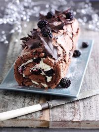 Chocolate Roulade with Boozy Blackberries