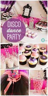 There are lots of fun disco dance decorations at this pink and purple girl birthday party!  See more party ideas at CatchMyParty.com!