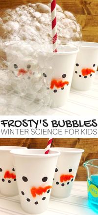 Winter Bubble Science and Winter STEM with bubbles. Easy snowman theme science and STEM activity for winter to enjoy with kids. This STEM activity for kids will be a hit. Brush away the winter blues and grab this winter science activity for kids.