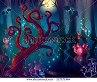 Cartoon wood Game Design with magic tree on foreground and bright flowers vector illustration