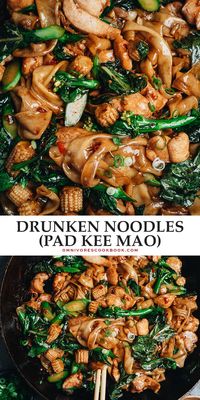 Savory brown sauce bejeweled with colorful veggies, chicken, and rice noodles make these drunken noodles (Pad Kee Mao) a fantastic 15-minute meal you can whip up any time!