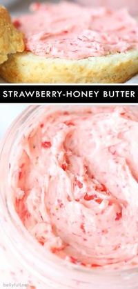 This Strawberry Honey Butter is an amazing condiment, perfect for toast, pancakes, muffins, or any baked good. And only takes minutes to whip up! #flavoredbutter #strawberrybutter #strawberryhoneybutter