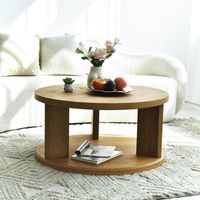 This coffee table highlights the inherent beauty of the wood. Crafted from high quality manufactured wood, this functional and durable table will give years of indoor enjoyment. The table is covered with solid wood veneer. The clean lines and gently rounded edges exuding modern vibe, the wooden finish adds character and warmth to this piece, making it a go-with-anything accent piece that's at home with a variety of furnishing styles. The open shelf at the bottom of the coffee table provides ampl