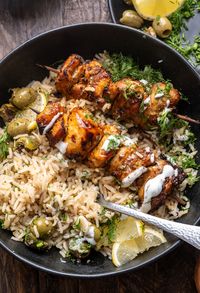 Greek Chicken Skewers with Lemon Rice - Wandering chickpea