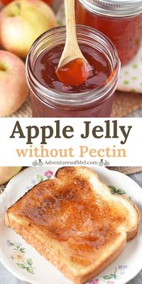 How to make homemade apple jelly with just 3 ingredients. Easy canning recipe with no pectin added, and it's delicious on toast and biscuits! #adventuresofmel #applejelly #easyrecipes #canning #homemade #nopectin #howtomake #applerecipes