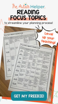 Check out the Reading Focus Topics free download from The Autism Helper. This teacher resource breaks down reading concepts by grade level and reading level, and this tool will help you streamline your planning process. Once you know a child’s reading level, you can focus on specific topics aligned to that level. Click the link and download this teacher resource for free!