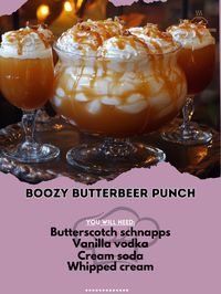 Enjoy a magical twist on a classic with this Boozy Butterbeer Punch—a must-try for your next gathering! 🎉🍂 #MagicInABottle Boozy Butterbeer Punch Ingredients: Butterscotch schnapps (1 cup) Vanilla vodka (1 cup) Cream soda (2 liters) Whipped cream (for topping) Caramel drizzle (for garnish) Instructions: In a large punch bowl, combine butterscotch schnapps and vanilla vodka. Slowly add cream soda and stir gently. Serve in cups topped with whipped cream and a drizzle of caramel. 🍻✨ Enjoy th...