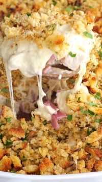 Yum Yum Chicken Cordon Bleu Stuffing Casserole Recipe – creamy chicken casserole loaded with ham and Swiss and topped with cornbread stuffing. Cooked chicken, ham, cream of chicken soup, Swiss cheese, sour cream, stuffing mix, chicken broth, and butter. You can make this in advance and refrigerate or freeze it for later. Great quick weeknight casserole recipe!