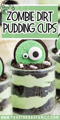 These green layered Zombie Dirt Pudding Cups are the yummiest and most festive Halloween treat recipe! With layers of Mint Oreo cookies, instant pudding, Cool Whip, and candy eyeballs - these pudding dirt cups are always a hit!