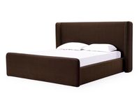 Rejuvenate your bedroom with the Modus Furniture Becall Queen Bed, characterized by its bold and modern design featuring thick block elements, rounded rectangles, and luxurious velvet upholstery. Crafted from 100% polyester, the rich brown velvet upholstery ensures both style and easy cleaning. This platform bed provides sturdy support with metal center rails, metal center legs, and wooden cross slats, eliminating the need for a box spring. Experience cozy relaxation with the shelter-bed style h