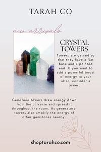 Explore our Crystal Towers Collection to utilize focused crystal energy. Perfect for amplifying intentions and beautifying spaces. These crystals are more than just stones they are symbols of strength and clarity. #CrystalTowers #Crystals #HealingCrystals | shoptarahco.com