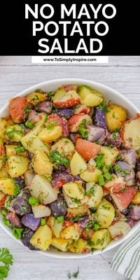 This no mayo potato salad recipe is a wonderful twist on classic potato salad for side dish to any meal. Instead of mayonnaise, this recipe is tossed with oil and vinegar dressing, chopped bacon, green onions, and fresh herbs. It's a perfect potato salad for any occasion.