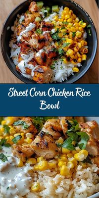 This Street Corn Chicken Rice Bowl combines marinated grilled chicken, creamy street corn, and flavorful cilantro-lime rice. Packed with Mexican-inspired flavors, it’s topped with fresh ingredients like avocado, cotija cheese, and lime for a vibrant, satisfying meal.