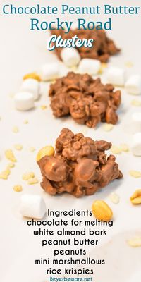 Why have just plain peanut clusters when you can have chocolate peanut butter rocky road candy clusters with peanuts, marshmallows, and rice krispies!