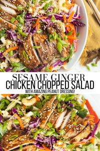 Sesame Ginger Chicken Salad recipe with marinated Asian chicken, cabbage, spinach, carrot, cashews, dried cranberries, a delicious peanut dressing, and more! This healthy chicken salad is loaded with nutrients, flavor, and yummy textures. #salad #chicken #cabbage #dinner #healthy #glutenfree