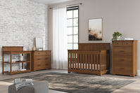 The Child Craft Redmond Deluxe 5 piece baby furniture set features a full panel back headboard with a soft, sweeping arch design that carriers over to the footboard. The sturdy, craftsman-era metal accents provide just the right amount of interesting detail. The 5 piece nursery furniture set includes the Redmond Full Panel 4-in-1 convertible crib, 3 drawer dresser, changing table, 4 drawer chest, and nightstand. Available in 2 non-toxic stained finishes.