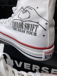 Taylor Swift Eras Tour Converse! I am a Swiftie on one shoe and Eras Tour on the other Available in Adult Sizes Converse high tops supplied with the box