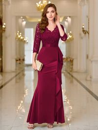 V Neck Contrast Lace Ruffle Satin Evening Party Formal Dress, Wedding Event Dress Red Elegant  Three Quarter Length Sleeve Lace Colorblock,Plain Fitted Slight Stretch  Weddings & Events, size features are:Bust: ,Length: ,Sleeve Length: