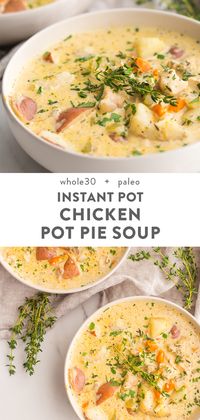 This healthy chicken pot pie soup is super rich, creamy, and comforting. Made in the Instant Pot, it's paleo, Whole30, dairy free, and gluten free, too, without skimping on any flavor. This healthy soup comes together in about 30 minutes and is good enough to eat all week! #soup #whole30