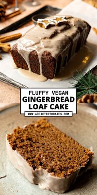 This vegan gingerbread loaf cake is fluffy and super moist. With festive flavors with molasses and warming gingerbread spices. Glaze with your choice of sweet orange sugar glaze non-dairy cream cheese frosting.