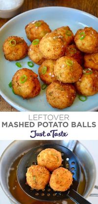 Leftover Mashed Potato Balls are fantastically fluffy yet simultaneously crispy. They’re loaded with cheese and scallions, but chopped turkey would also be a welcome addition. They're a great way to make the most of Thanksgiving leftovers! justataste.com #leftovermashedpotatoes #thanksgivingleftovers #mashedpotatoes #justatasterecipes