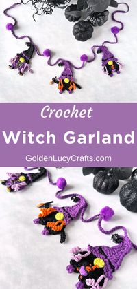 Crochet Halloween decoration - witch gnome garland. It is made of witch gnomes and pom-poms. Cute home decor, DIY Halloween decoration, witch gnome-free crochet pattern