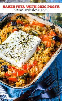 Greek baked feta with orzo pasta is super easy to make in one oven tray, packed with amazing mediterranean flavours it is perfect as a sharing starter or as a main dish for tow people. #bakedfeta #greekfood #greekrecipes #fetacheese #mezze #greekmezze #mediterraneanfood #larderlove