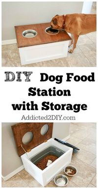 Download the free plans and tutorial for this DIY Dog Food Station with Storage underneath.