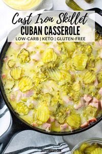 Cast Iron Cuban Skillet - A low carb take on the classic Cuban sandwich! With shredded pork, ham, Swiss cheese & pickles, it's a keto-friendly crowd pleaser exploding with flavor. #TasteAndSee