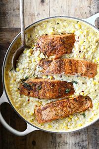 Creamed Corn Orzo with Salmon