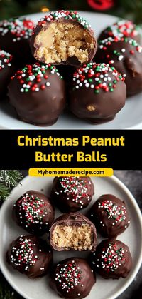 These Christmas peanut butter balls are creamy, rich, and coated in chocolate. A holiday classic that’s easy to make! Ingredients: 1 cup peanut butter ½ cup powdered sugar 1 cup chocolate chips, melted Festive sprinkles for garnish Serve these peanut butter balls as a sweet, no-bake Christmas treat