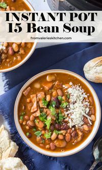 Dried beans are cooked to tender perfection without any pre-soaking in this deliciously seasoned Instant Pot 15 Bean Soup. Old fashioned comfort food at its best! #instantpot #soup #beans #beansoup #ham #healthyrecipes 