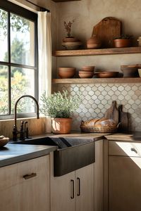 Discover the latest kitchen design with rustic accents and earthy tones. This cozy corner features open shelves, farmhouse sink, and natural light, creating a warm and inviting space. Perfect for a homey feel! #KitchenDesign #HomeDecor #RusticKitchen