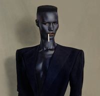 Blue-black on brown, featuring model and singer Grace Jones, New York, United States, 1981, photograph by Jean-Paul Goude.