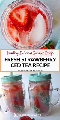 Fresh sweet strawberry iced tea is the most effortless summer iced tea to make! You only need three ingredients: brewed and cooled black tea, fresh strawberries, honey, or any sweetener. If you are looking for that perfect nutritious & healthy summer drink, then you have it! Sweet strawberry iced tea is excellent for all summer BBQs, potlucks, and picnics. This non-alcholic drink is equally excellent for July 4th, Memorial Day, Veterans Day and Labor Day festivities.  It’s naturally sweet, so you won’t feel guilty for drinking it all up, and boy, is it refreshing! All you need is three ingredients: brewed, cooled tea, fresh strawberries, and honey. You can always substitute honey with monk fruit sweetener for a no-calorie choice.