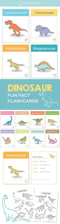 If your kids love dinosaurs, they will love these fun fact flashcards! This set includes 12 dinosaur cards and 2 color pages that you can print for your kids or for a dinosaur themed party. Print 2 sets of the flashcards to make a memory game!