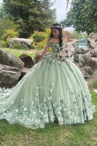 This sage green 15 ball gown dress with off the shoulder neckline, floral lace flowers make it so so elegant !!!