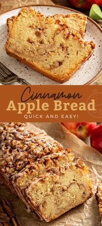 This moist and tender Cinnamon Apple Bread has a scrumptious swirl of brown sugar apples in the middle and a crisp top drizzled with light cinnamon glaze. This easy to make apple bread will become a favorite fall treat and one of the best quick breads you'll ever bake. #recipe #apples #autumn #baking #lemonblossoms #fallflavors