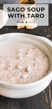 This Sago Soup with Taro is the ultimate dessert fix. Decadently creamy and rich with taro chunks, it's the perfect recipe for a cozy night in. It's prepared using just six ingredients and the result is heavenly. The creamy sweet soup loaded with pops of light tapioca pearls always leaves me wanting more! #sagosoup #tarosagosoup #tongsui #sagodessert