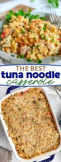 The Best Tuna Casserole is SO easy to make! Made with a simple from scratch sauce, egg noodles, tuna, peas and a crunchy Panko-Parmesan topping, this comfort food classic is sure to be a new family favorite! Serve with homemade dinner rolls and broccoli salad for a simply delicious dinner!  // Mom On Timeout #casserole #dinner #tunacasserole #tunanoodlescasserole #easy #comfortfood #recipe #recipes