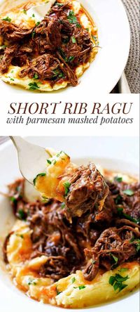 This hearty short rib ragu is the ultimate comfort food! It's rich with a velvety sauce and perfect over mashed potatoes, pasta or rice #beef #shortribs #comfortfood #dinner #recipes #cooking #potatoes