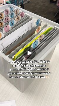 2.2K views · 1.1K reactions | ❤️❤️ finding ways to help my classroom run more smoothly, help my students become more independent and save myself some time!! 

This is how I organize student work samples and tests! I use a number system, so that I can reuse it year after year without having to change the labels. 

I used to individually put their work in but then I realized, WAIT..they know their numbers…just hand them the work that needs to be in their portfolio and let them do it! And this little change has been a game changer 🙌🏻

#classroom #education #educators #educator #teacher #teachers #teachersofinstagram #teachersofig #worksmarternotharder #independent #students #studentsuccess #firstgraderocks #firstgrade #primaryteacher #teachertips #newteacher #firstyearteacher #teachertoolbo