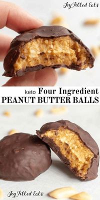 Peanut Butter Balls - Low Carb, Keto, Sugar-Free, Grain-Free, Gluten-Free, THM S. With just 4 ingredients these are perfect for your chocolate peanut butter craving! #lowcarb #keto #sugarfree #grainfree #glutenfree #chocolate #peanutbutter #chocolatepeanutbutter #nobake #thm #trimhealthymama