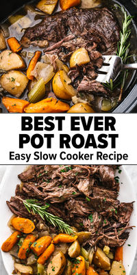 This slow cooker pot roast recipe is the best set-it and forget-it winter dinner, especially for Christmas. The chuck roast becomes meltingly tender and vegetables perfectly soft.