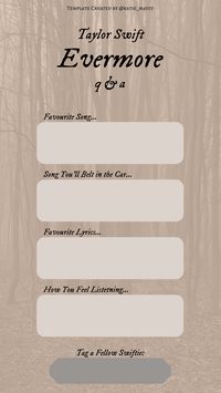 Spread the Evermore joy with this Taylor Swift Instagram Story Q and A. Tell us your favourite song, lyric and so much more on Taylor's new album! What better way to celebrate Evermore (Folklore's sister album) than with a cute instagram story template. Taylor Swift Instagram Story Template.