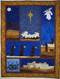 A stunning quilt depicting the birth of Christ, includes an Advent Wreath, Mary and Joseph, Angel, Wise Men, and Baby Jesus. The pattern contains the Scripture relevant to each block, so that you work through the whole Christmas story! A beautiful way to embrace the true meaning of Christmas.  Finished quilt is 45 inches wide by 58 inches long.  Available in pattern only or kit.  Kit includes pattern, fabric for top and binding, and hot fuse crystals.