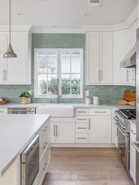 Sage Green Subway Tile Backsplash With White Grout