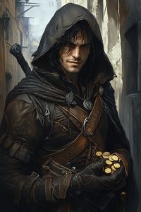 A rogue's grinning dilemma in a world where coins are more plentiful than common sense. Imagine a sneaky fellow, cloaked in a misfit’s dream, holding a handful of glimmering gold, looking like someone who just found the last unicorn in a parking lot. Behind him, cobblestone alleys whisper secrets better left unheard, while his hair flutters like a page from the "How to Look Brooding 101" handbook. Is he a hero or just a really ambitious street performer? Either way, his mischievous charm will leave you pondering: maybe crime does pay—or at least buys a nice lunch.