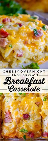 Overnight Hashbrown Breakfast Casserole is perfect for when you have a crowd to feed! Hashbrowns are baked til crispy and topped with cheesy eggs and ham.